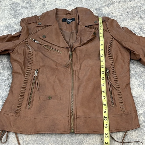 Coffee Shop Faux Leather Vegan Jacket Boho Moto Lace Up Ties Brown Sz L - Picture 10 of 14